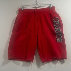 Champion Reverse Weave Red Sweat Shorts Mens Medium Logo Raw Hem 89597